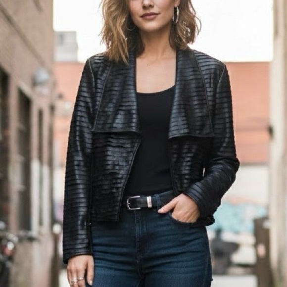 Bylyse Spenard Tiered Cardigan Jacket Vegan Leather Ruffle Front Duster Moto - Picture 7 of 7